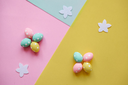 A lot of colorful Easter eggs on the colorful background. Festive Easter background.の写真素材