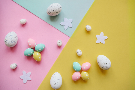 A lot of colorful Easter eggs on the colorful background. Festive Easter background.の写真素材