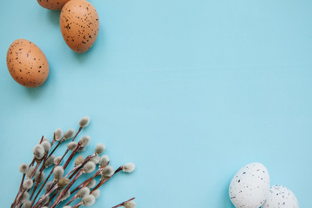 A willow branch with buds and eggs on a blue background in minimal style. Easter celebration and the beginning of spring concept.の写真素材