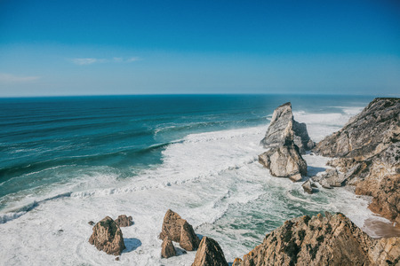 Beautiful view of the Atlantic Ocean from the western point on Cape Roca in Portugal.の写真素材