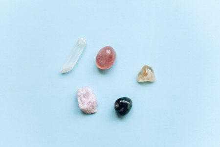 A set of minerals. White Quartz, Rose Quartz, Fluorite, Citrine and Kunzite