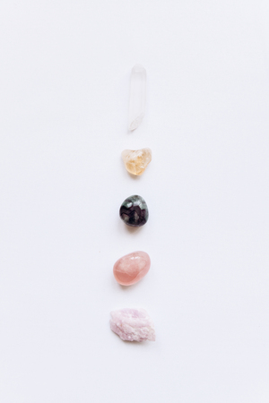 A set of minerals. White Quartz, Rose Quartz, Fluorite, Citrine and Kunziteの写真素材