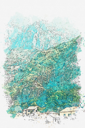 Watercolor sketch or illustration of a beautiful view of the traditional houses in the mountainous terrain in Montenegro.の写真素材