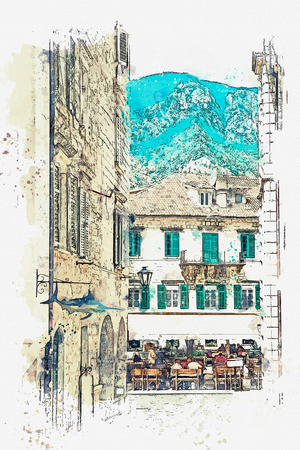 Watercolor sketch or illustration of the view of the traditional street in Kotor in Montenegro. Ahead is a street cafe with people.の写真素材