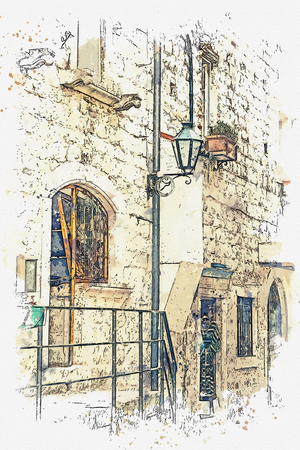 Watercolor sketch or illustration of a beautiful view of the traditional old street in Montenegroの写真素材