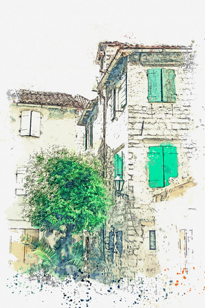 Watercolor sketch or illustration of the view of the traditional residential stone house in Montenegro.の写真素材