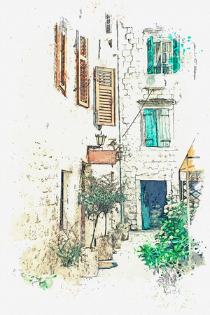 Watercolor sketch or illustration of the view of the traditional residential stone house in Montenegro.の写真素材