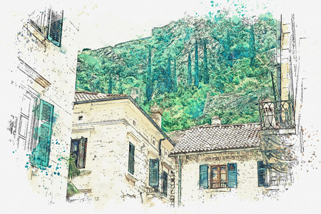 Watercolor sketch or illustration of the view of the traditional residential stone house in Montenegro.の写真素材