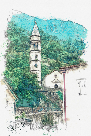 Watercolor sketch or illustration of the view of the Orthodox Church in Montenegro.の写真素材