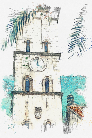 Watercolor sketch or illustration of the view of the Orthodox Church in Montenegro.の写真素材