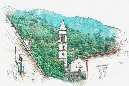 Watercolor sketch or illustration of the view of the Orthodox Church in Montenegro.の写真素材