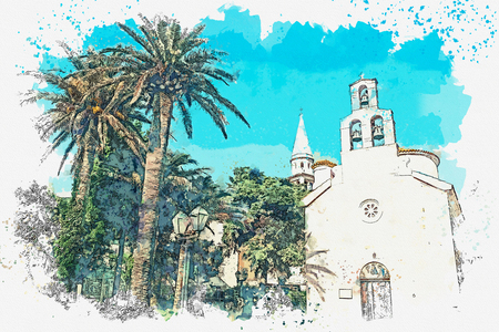 Watercolor sketch or illustration of the view of the Orthodox Church in Montenegro.の写真素材
