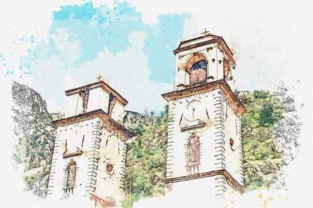 Watercolor sketch or illustration of the view of the Orthodox Church in Montenegro.の写真素材