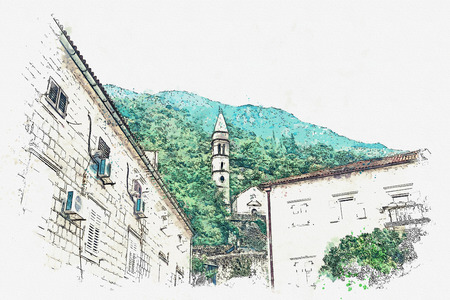 Watercolor sketch or illustration of the view of the Orthodox Church in Montenegro.の写真素材
