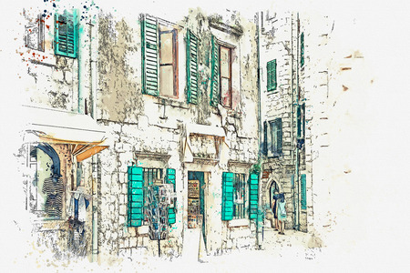 Watercolor sketch or illustration of the view of the traditional residential stone house in Montenegro.の写真素材