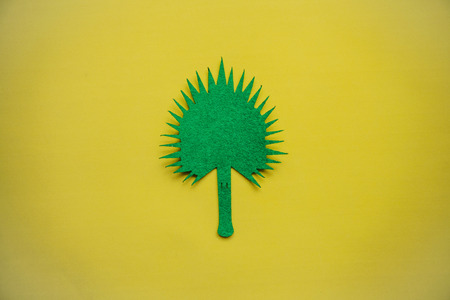 Felt tropical leaf on a yellow background in minimal style. Summer design.の写真素材