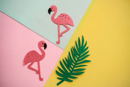 A pair of pink flamingos and a tropical leaf of fern on a colorful background.の写真素材
