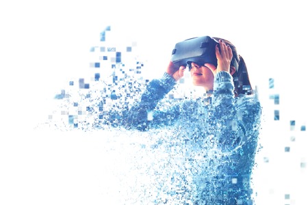 The woman with glasses of virtual reality. Future technology concept. Modern imaging technology. Fragmented by pixels. VR glasses.の写真素材