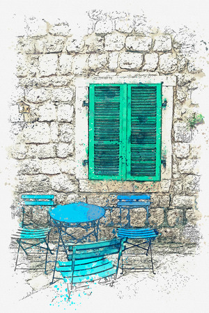 Watercolor sketch visible on an empty street cafe. Tables and chairs near the old building.の写真素材