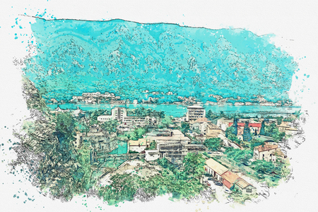Watercolor sketch or illustration of the aerial view of Kotor in Montenegro.の写真素材