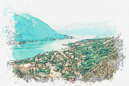 Watercolor sketch or illustration of the aerial view of Kotor in Montenegro.の写真素材