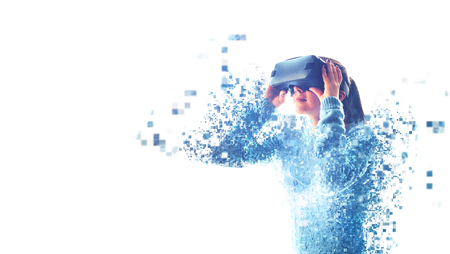 The woman with glasses of virtual reality. Future technology concept. Modern imaging technology. Fragmented by pixels. VR glasses.の写真素材