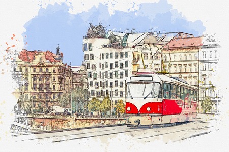 Watercolor sketch or illustration of a traditional old-fashioned tram on a street in Prague in the Czech Republic.の写真素材