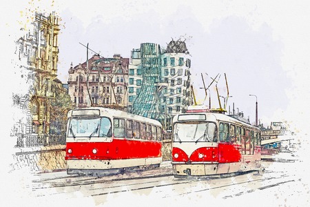 Watercolor sketch or illustration of traditional old-fashioned trams on a street in Prague in the Czech Republic.の写真素材