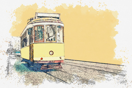 Watercolor sketch or illustration of a traditional yellow tram in Lisbon in Portugal.の写真素材