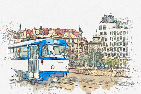 Watercolor sketch or illustration of a traditional old-fashioned tram on a street in Prague in the Czech Republic.の写真素材