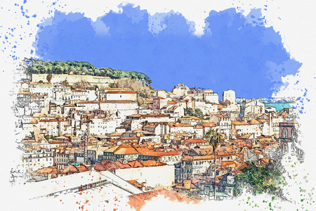 Watercolor sketch or illustration of a beautiful view of Lisbon in Portugal.の写真素材