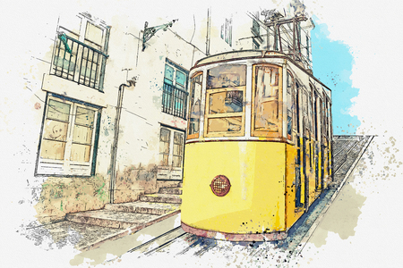 Watercolor sketch or illustration of a traditional yellow tram on a street in Lisbon in Portugal.の写真素材