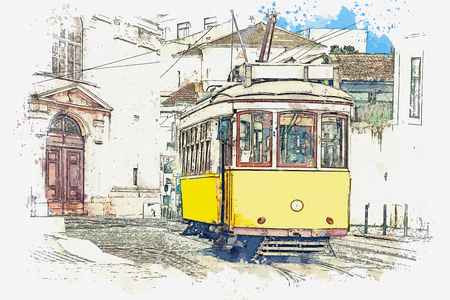 Watercolor sketch or illustration of a traditional yellow tram on a street in Lisbon in Portugal.の写真素材