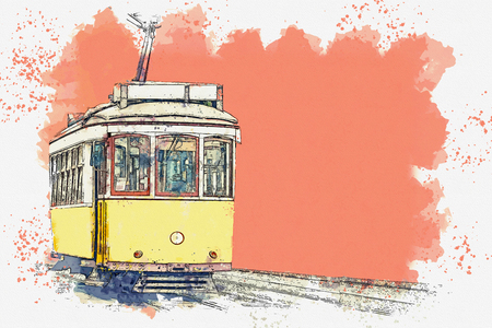 Watercolor sketch or illustration of a traditional yellow tram in Lisbon in Portugal.の写真素材