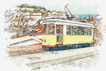 Watercolor sketch or illustration of a traditional yellow tram on a street in Lisbon in Portugal.の写真素材