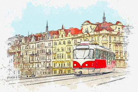 Watercolor sketch or illustration of a traditional old-fashioned tram on a street in Prague in the Czech Republic.の写真素材