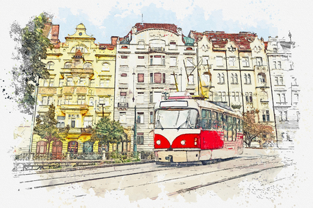 Watercolor sketch or illustration of a traditional old-fashioned tram on a street in Prague in the Czech Republic.の写真素材