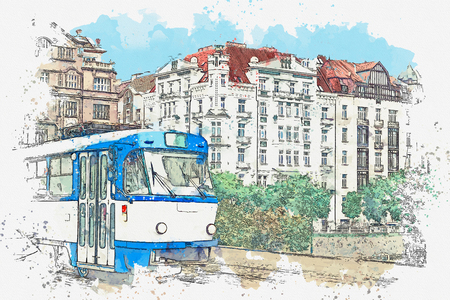 Watercolor sketch or illustration of a traditional old-fashioned tram on a street in Prague in the Czech Republic.の写真素材