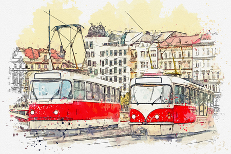 Watercolor sketch or illustration of traditional old-fashioned trams on a street in Prague in the Czech Republic.の写真素材