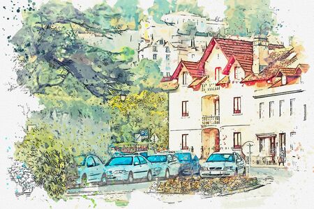 Watercolor sketch or illustration of a beautiful view of European old apartment buildingsの写真素材