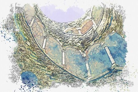 Watercolor sketch or illustration. Initiatic Well in Sintra in Portugal. Ancient underground tower with stone steps.の写真素材