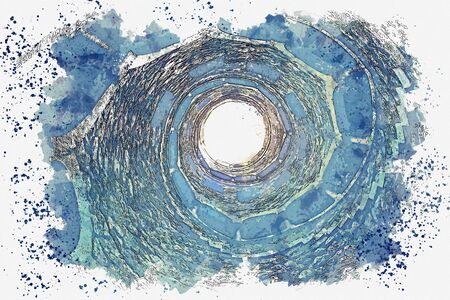 Watercolor sketch or illustration. Initiatic Well in Sintra in Portugal. Ancient underground tower with stone steps.の写真素材