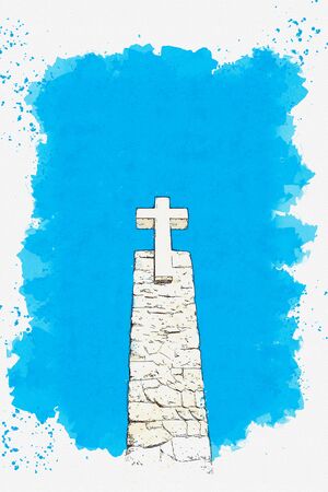 Watercolor sketch or illustration. A beautiful view of the Christian Cross at Cape Roca in Sintra in Portugal.の写真素材