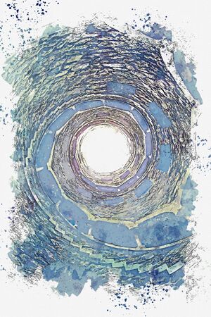 Watercolor sketch or illustration. Initiatic Well in Sintra in Portugal. Ancient underground tower with stone steps.の写真素材