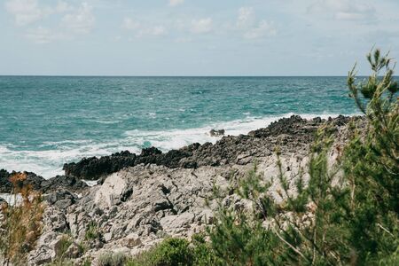 Beautiful view of the sea or ocean and rocky coast. Natural landscape