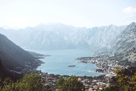 Beautiful view of the Bay of Kotor in Montenegro. Aerial view of the mountains, the sea and the city...