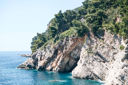 Beautiful view of the natural landscape with the sea and cliffs in Montenegro near Petrovac.の写真素材
