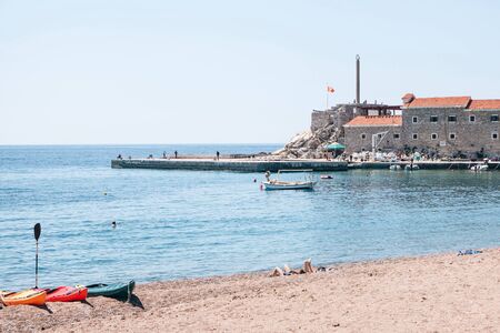 Beautiful view of the ancient or old fort near the coast in Petrovac in Montenegro. Town Landmark.