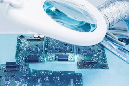 Closeup of a board for computer equipment. Modern technology and computerizationの写真素材