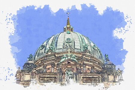 A watercolor sketch or illustration of the Berlin Cathedral called Berliner Dom. Berlin, Germany. City architecture.の写真素材